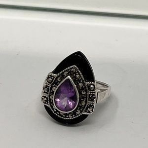 Art Deco Amethyst, Onyx with Multi Marquesites - Vintage Cocktail Ring